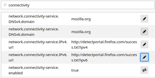 Firefox about:config connectivity search